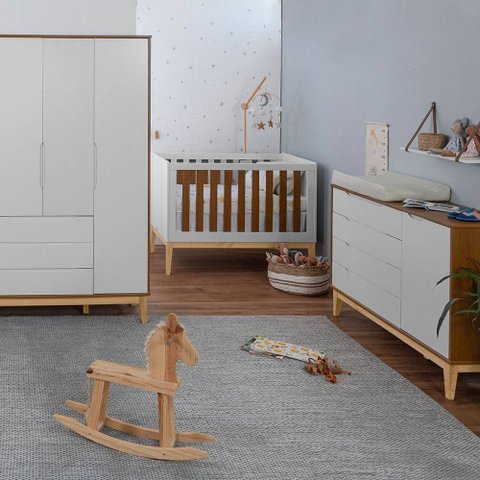 Kit Quarto Infantil com Pés Square Natural - Cômoda Elfe 4 Gavetas e 1 Porta + Guarda-Roupa Elfe + B
