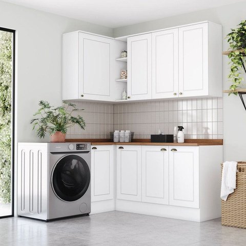 Lavanderia Modulada 05 Peças 100% MDF com Balcão e Aéreo Canto Reto Branco Hp/Nature Americana