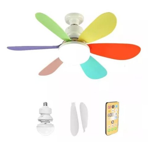 Super Ventilador de Teto Mk 30w com Lâmpada Led Controle para Bocal E27 Pás- Arco Iris