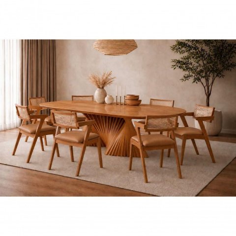 Sala de Jantar Opala 8 Lugares Tampo em MDF Cadeiras Estofadas Caramelo 200cm Sala Nobre