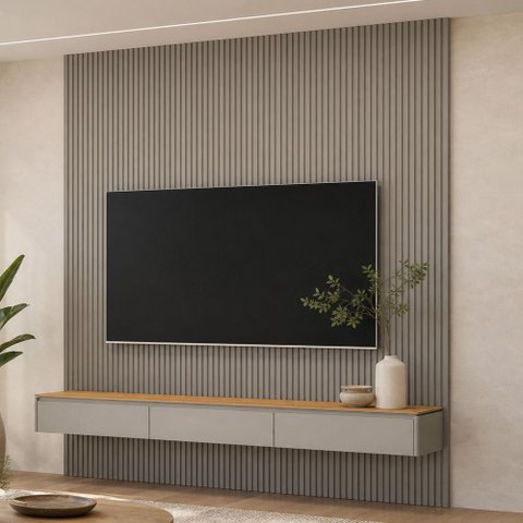 Painel Ripado para TV 85 pol com Bancada Suspensa Orgânica 258cm Slats L05 Tauari Gris Fosco - Lyam 