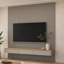 Ver imagem 1 de Painel Ripado para TV 85 pol com Bancada Suspensa Orgânica 258cm Slats L05 Tauari Gris Fosco - Lyam