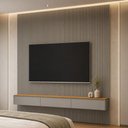Ver imagem 4 de Painel Ripado para TV 85 pol com Bancada Suspensa Orgânica 258cm Slats L05 Tauari Gris Fosco - Lyam