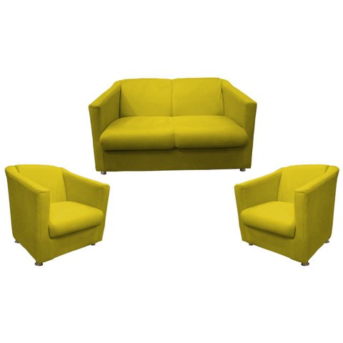 Kit Namoradeira + 2 Poltronas Decorativa Biane Couro Amarelo Pés Cromado Mz Decor
