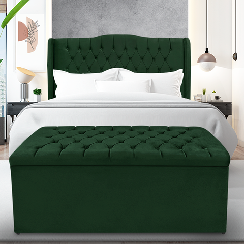 Kit Cabeceira e Calçadeira Baú Dubai Queen 160 Cm - Veludo Verde