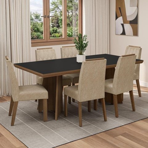 Conjunto Sala de Jantar Sarlat 6 Lugares Tampo MDP Pés Trapézio Rustic-Preto-Imperial 160cm Madesa