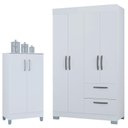 Ver imagem 1 de Guarda Roupa Solteiro Tóquio 4 Portas com Armário Multiuso 2 Portas Pequeno Branco Brilho - Poquema