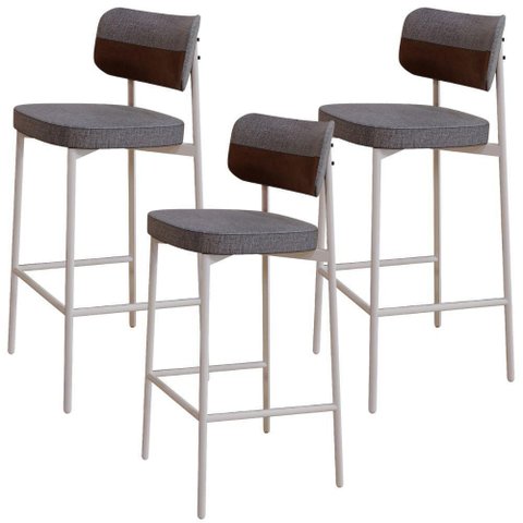 Kit 03 Banquetas Alta Bar Cozinha Sala de Jantar Aço Branco Kaira C01 Linho Cinza Courino Whisky -