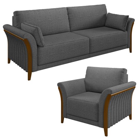 Kit Sofá Living 3 Lugares e Poltrona 102cm Pés Madeira Roya M22 Linho Cinza Escuro - Mpozenato