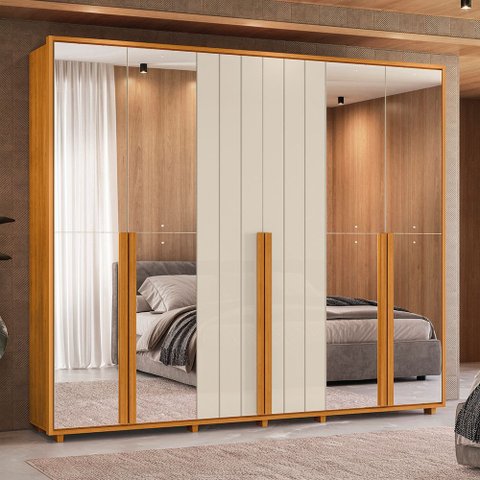 Guarda-Roupa Casal 6 Portas 6 Gavetas com 4 Espelhos Volpi 278cm MDF Cinamomo/Off White Quarto