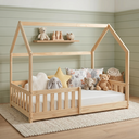 Ver imagem 1 de Cama Infantil Montessoriana de Madeira Maciça com Grade e Casinha Elmer Natural Bege/Marrom