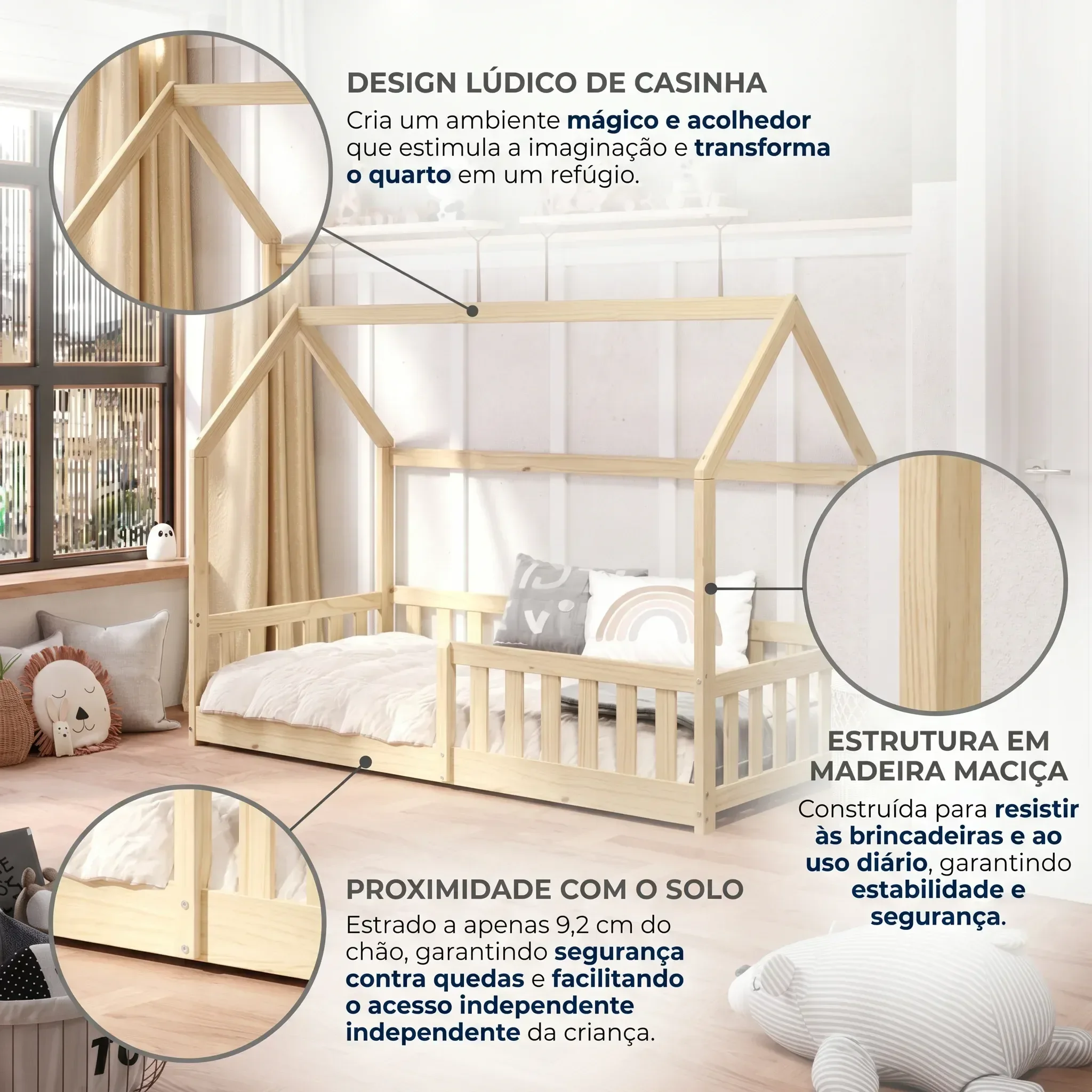 Ver imagem 4 de Cama Infantil Montessoriana de Madeira Maciça com Grade e Casinha Elmer Natural Bege/Marrom