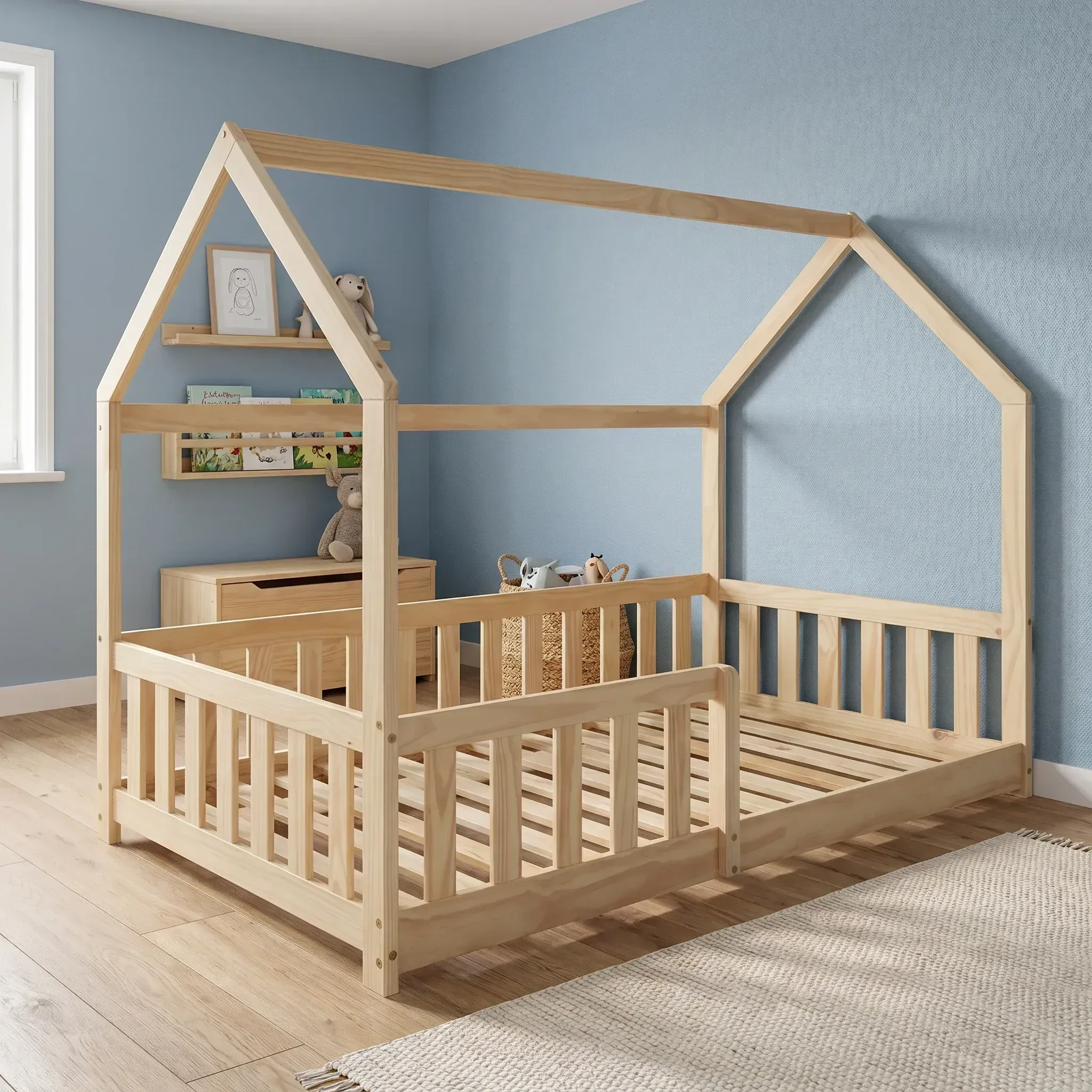 Ver imagem 5 de Cama Infantil Montessoriana de Madeira Maciça com Grade e Casinha Elmer Natural Bege/Marrom