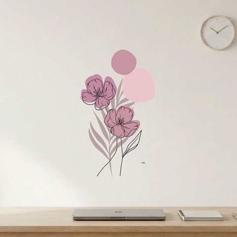 Adesivo Floral Boho Rosa Estilo Nórdico 35x60 Minimalista Abstrato