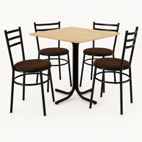 Conjunto Mesa Preta 70x70cm Tampo Pinus com 4 Cadeiras Epoxi