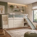 Ver imagem 1 de Cama Alta com Armários, Cômoda e Escorregador Artsy Casatema MadeiraOriginals Natural/Verde