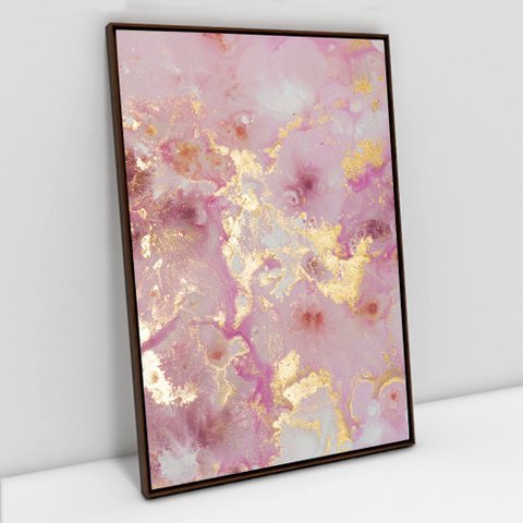 Quadro Decorativo em Canvas Abstrato Mármore Rose Gold TaColado Moldura 2cm Preta sem Vidro 60 x 40c