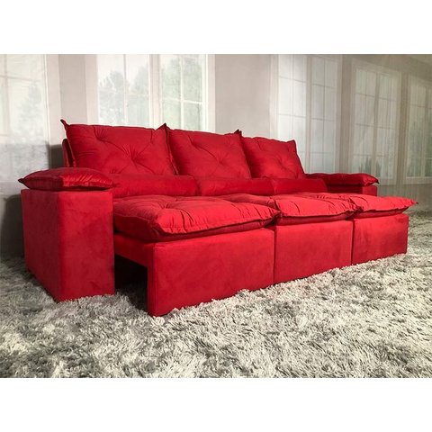 Sofá Retrátil e Reclinável 2,70m em Tecido Veludão C/pillow Nos Braços Athenas:vermelho/270cm