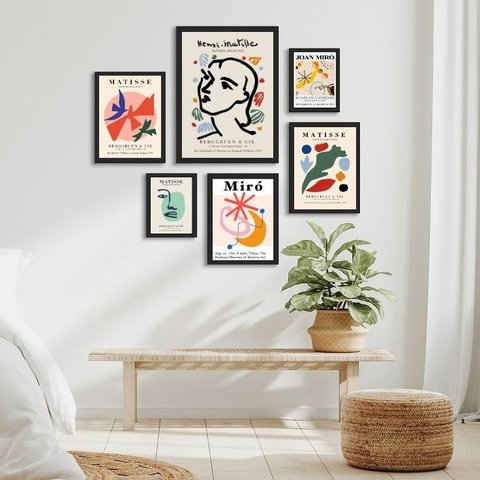 Conjunto 6 Quadros Papiers Découpés Matisse e Miró:madeira Preta