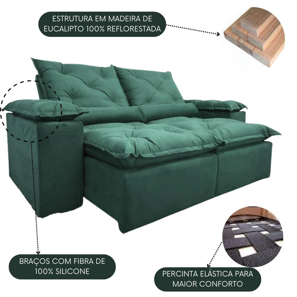 Sofa Reclinavel Retratil Design Elegante Athena 2,30m Veludo Cor:Verde - 3