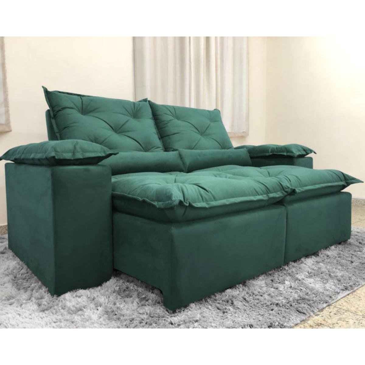 Sofa Reclinavel Retratil Design Elegante Athena 2,30m Veludo Cor:Verde