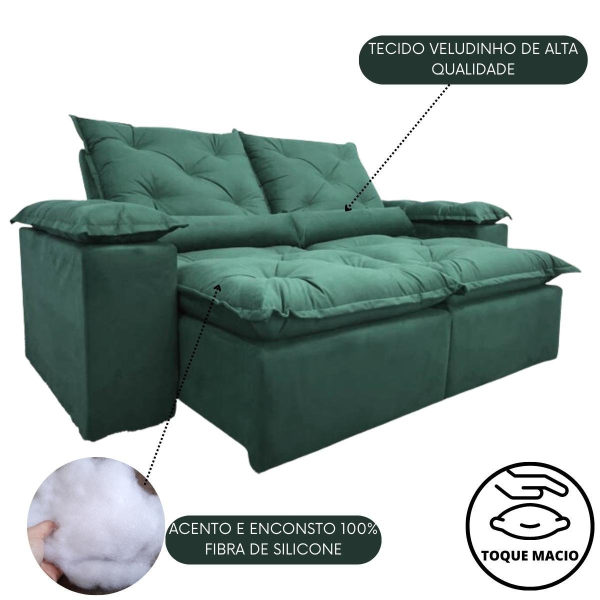 Sofa Reclinavel Retratil Design Elegante Athena 2,30m Veludo Cor:Verde - 4