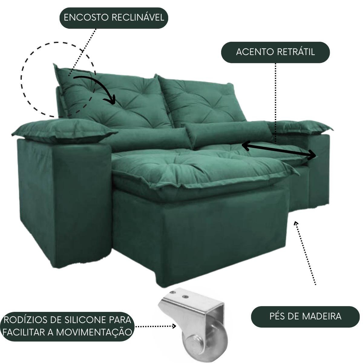 Sofa Reclinavel Retratil Design Elegante Athena 2,30m Veludo Cor:Verde - 2