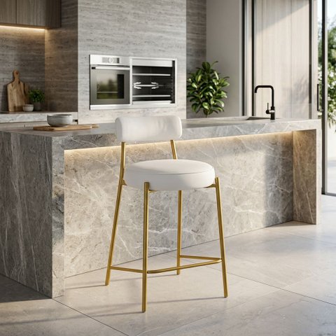 Banqueta Cozinha Média com Encosto Industrial Dourado Londres PU D03 - D'Rossi