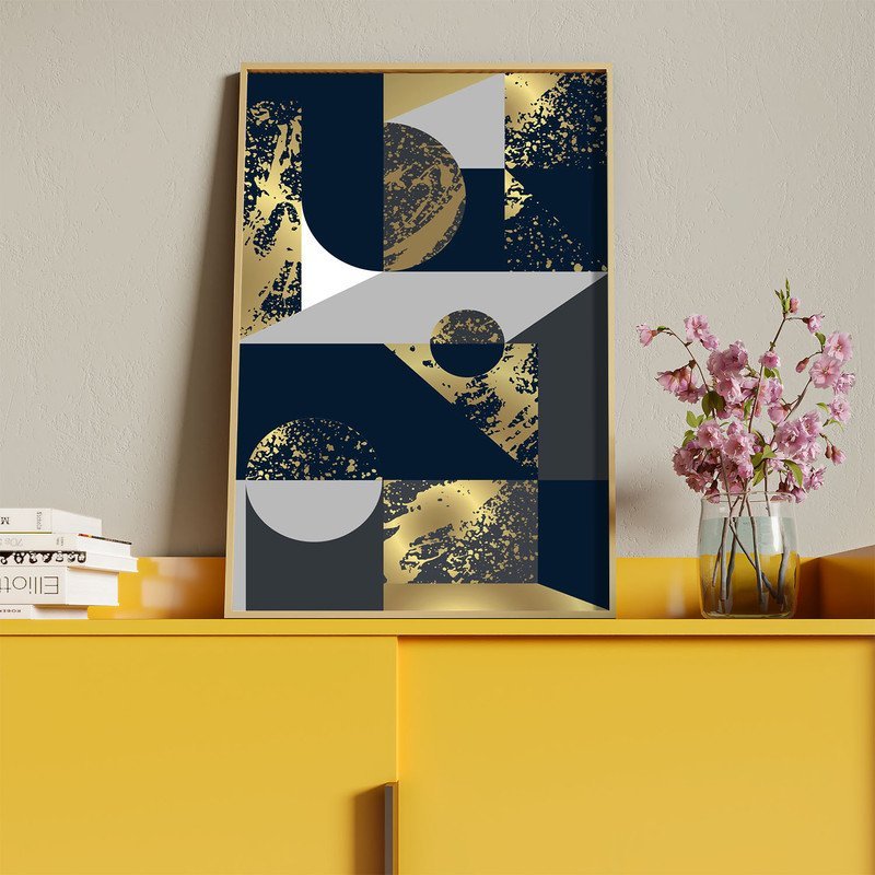 Quadro Decorativo Tela Canvas Abstrato Geometric Seg com Modura Dourada - 150x100 Cm - 4