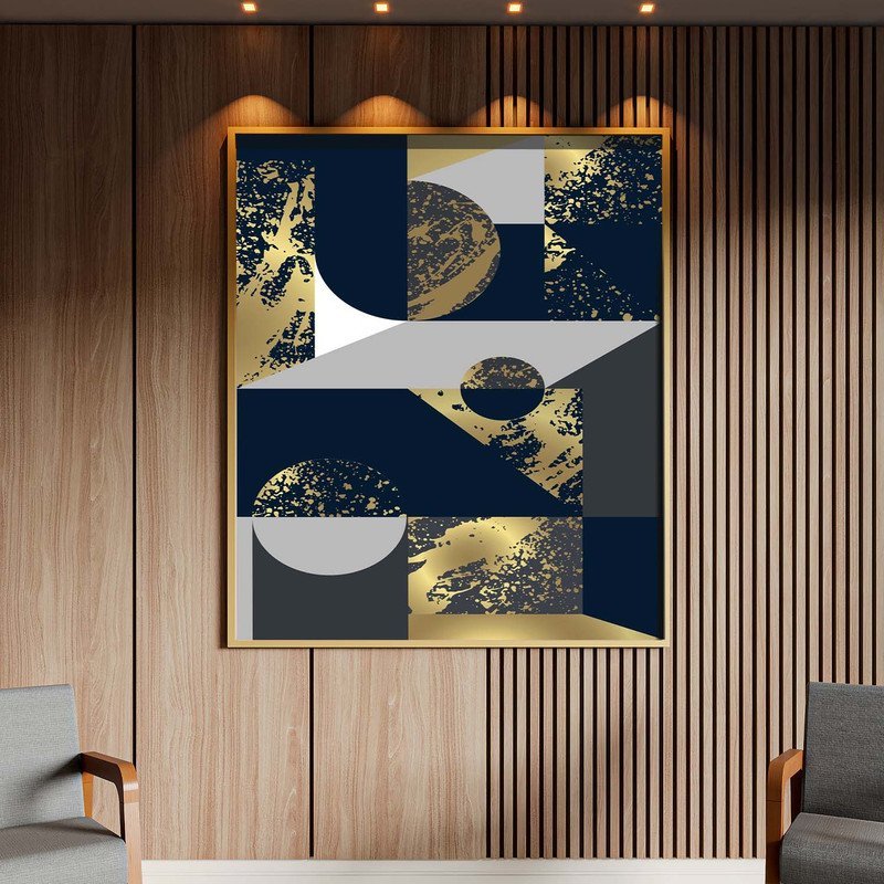 Quadro Decorativo Tela Canvas Abstrato Geometric Seg com Modura Dourada - 150x100 Cm - 2
