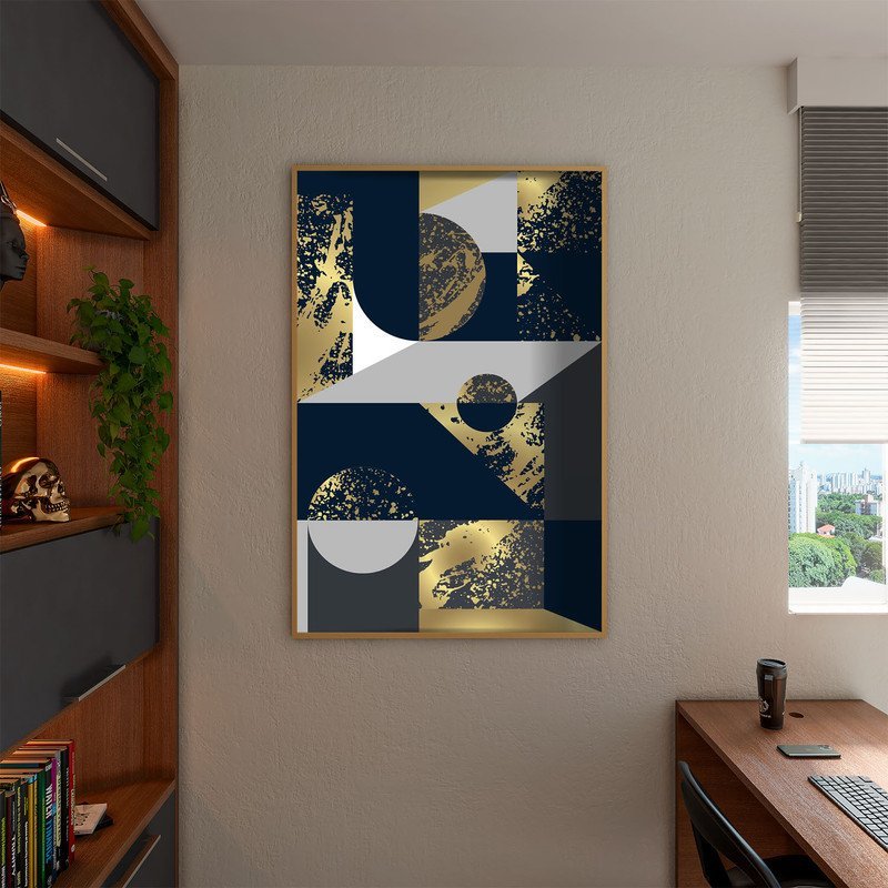Quadro Decorativo Tela Canvas Abstrato Geometric Seg com Modura Dourada - 150x100 Cm - 3