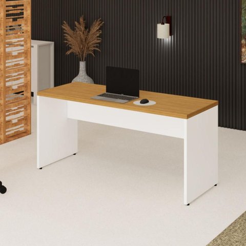 Mesa Escrivaninha 1,60 m X 0,60 m Pés Painel 100% MDF F5 Office Cor:Freijó com Branco