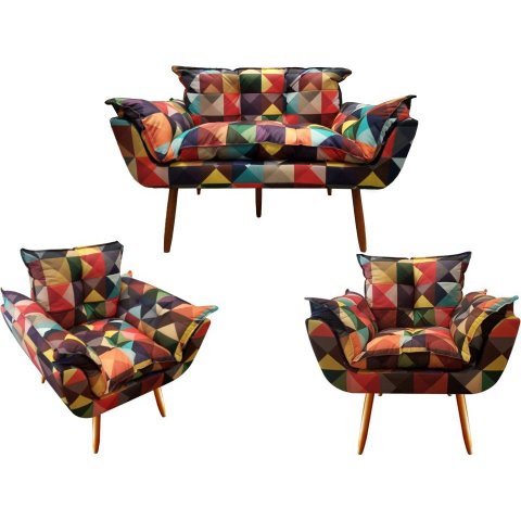 Kit Namoradeira + 2 Poltronas Decorativa Opala Suede Triângulo Pés Madeira Ms Decor