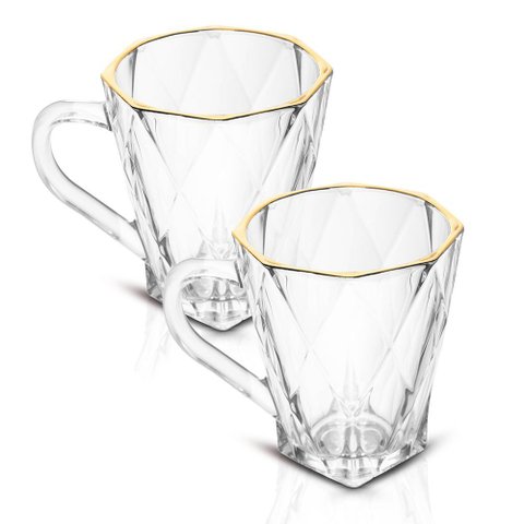 Jogo de Canecas de Café de Vidro Diamond Fio de Ouro 180ml 2 Peças - Lyor
