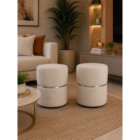 Kit de Puff com Cinta no Meio Prata Bege Linho - Let Móveis