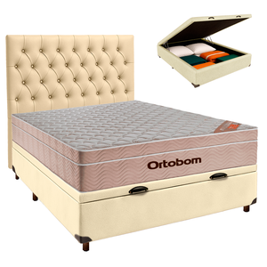 Conjunto Cama Box Bau Bege Casal + Colchão Molas Ensacadas Airtech Ortobom + Cabeceira