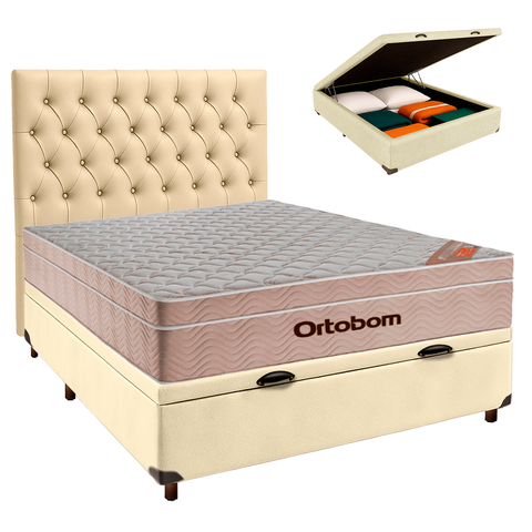 Conjunto Cama Box Bau Bege Casal + Colchão Molas Ensacadas Airtech Ortobom + Cabeceira