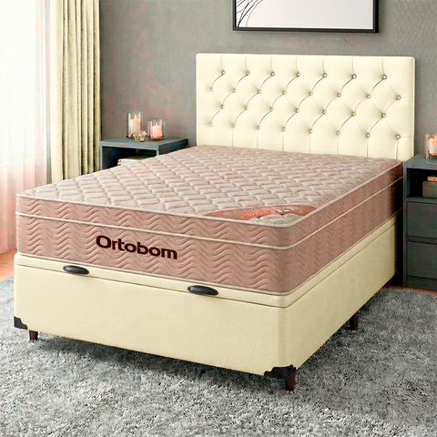 Conjunto Cama Box Bau Bege Casal + Colchão Molas Ensacadas Airtech Ortobom + Cabeceira