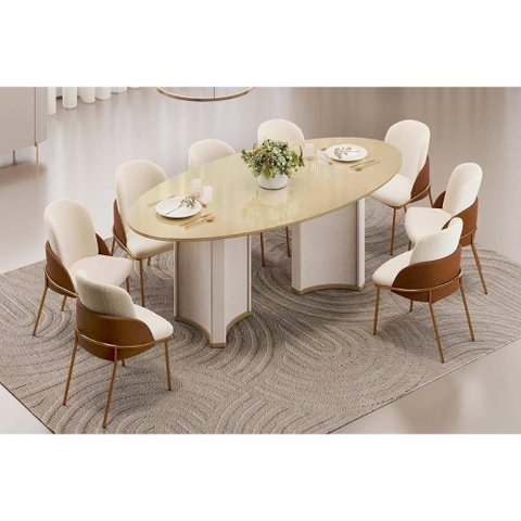 Sala de Jantar Completa Liz C/ Tampo Madeirado C/ Vidro Oval 218x108cm e 8 Cadeiras Vitta Off White/