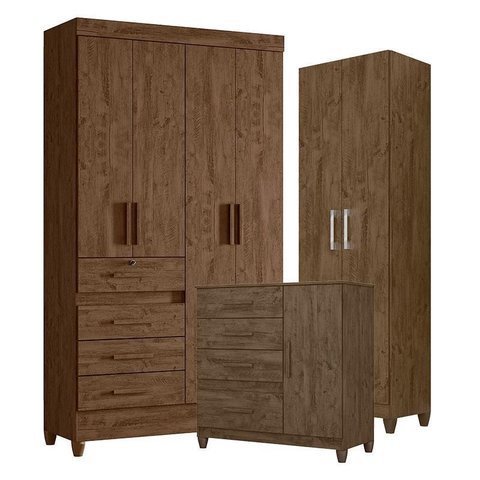 Guarda Roupa Solteiro Sobral com Cômoda Vênus com Pés e Armário Multiuso New Íris Castanho Wood – Mo