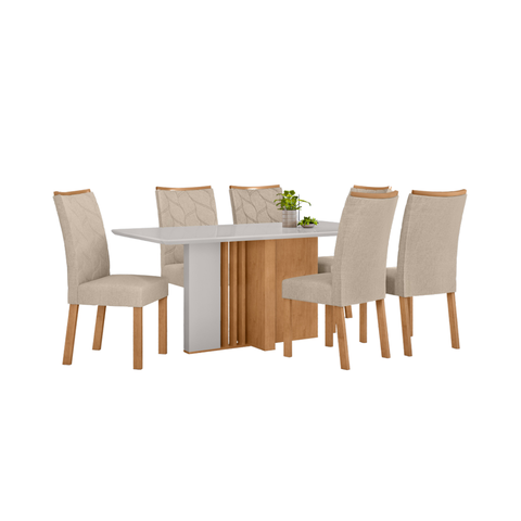 Conjunto Sala de Jantar Mesa Astrid 170 Tampo Vidro Off White com 6 Cadeiras Rayla - Lopas Amendoa C