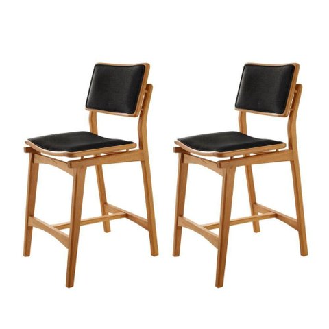 Conjunto com 2 Banquetas Eva Moderna Linho Preto Imbuia Natural
