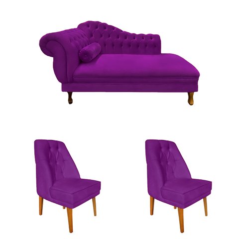 Kit 2 Cadeiras Paris + Recamier Barcelona 1,30 Veludo Roxo - Dominic Decor