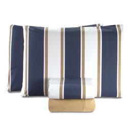 Jogo Lençol King 4 Peças 100% Algodão Percal 200 Fios Tous Les Jours:Listra Azul & Caqui - 1