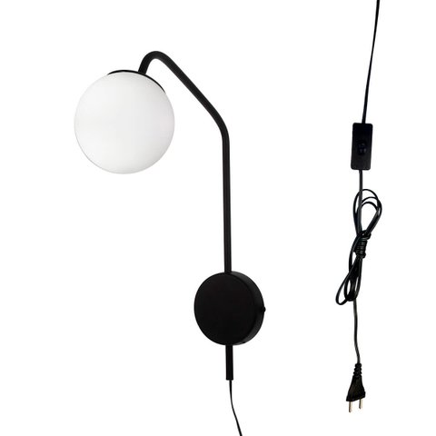 Arandela New Figo Preta C/ Plug e Interruptor - Vidro Branco