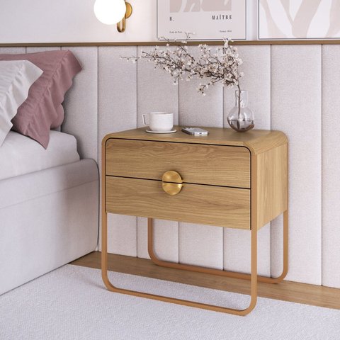 Mesa de Cabeceira 60cm 2 Gavetas Orgânica Pé Metal Luna Bege