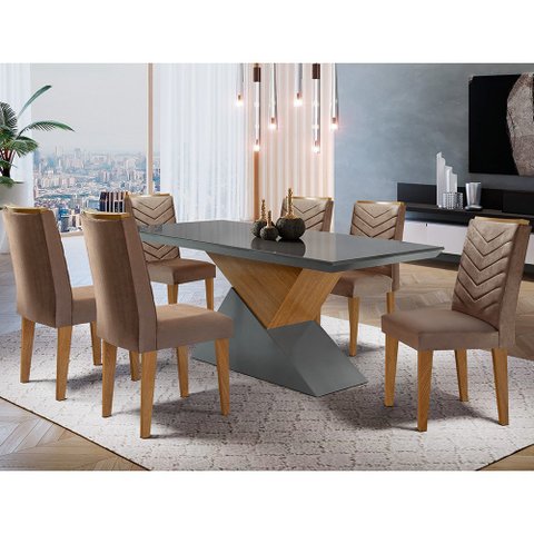 Mesa Aster 180 Tampo em MDF e Vidro com 6 Cadeiras Liz Moderna