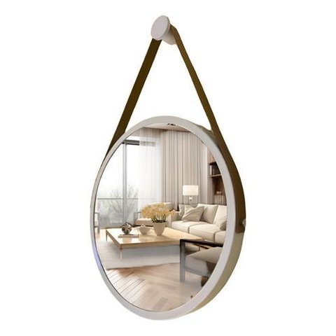 Espelho Redondo Adnet 40cm Suspenso Moderno Luxo - Branco Alça Caramelo
