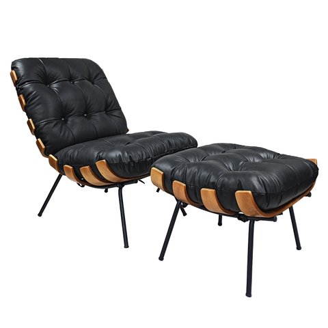 Poltrona Costela com Puff Costela em Couro - Preto