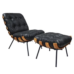 Poltrona Costela com Puff Costela em Couro - Preto